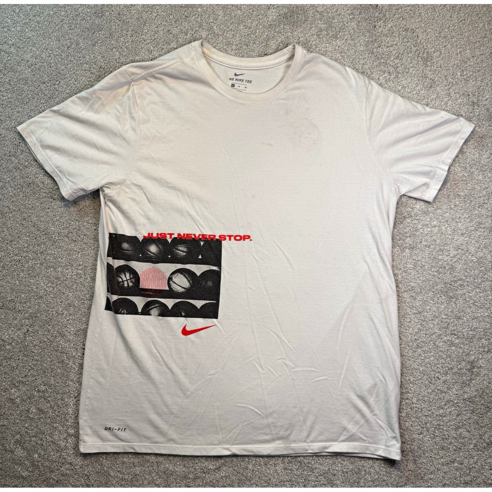 Nike Just Never Stop Work Basketball T-Shirt Mens XL White Dri-Fit Graphic Tee
